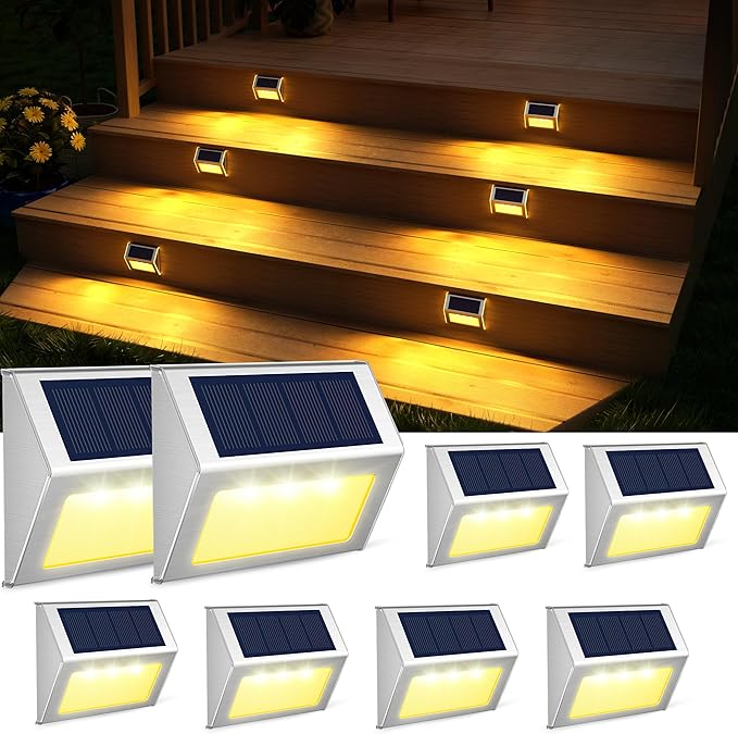 JSOT Solar Lights Outdoor for DeckWaterproof Solar Powered Steps Light Outdoor Wireless LED Lamp Fence Lighting Walkway Patio Stair Garden Path Rail Backyard Fences Post 8 Pack Warm White