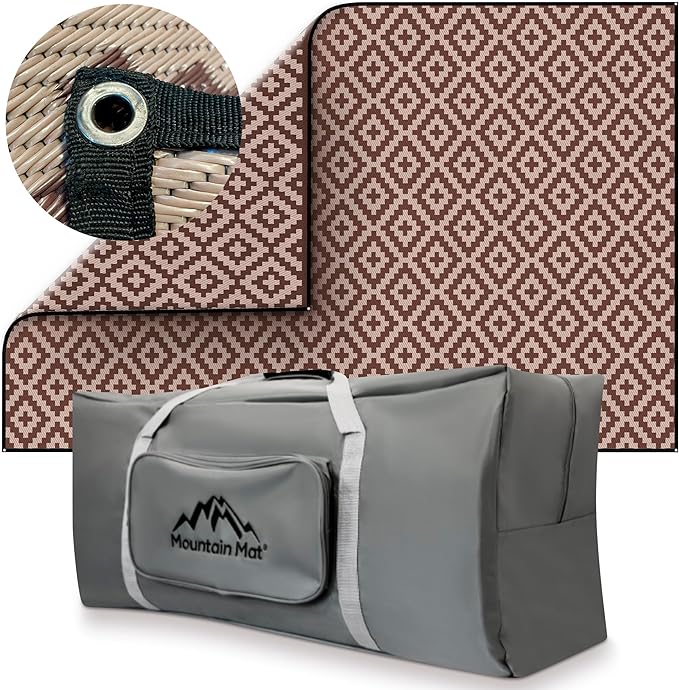 Mountain Mat 8x12 Brown &amp Tan Outdoor RV Mat with Carry Bag – Extra Thick 5mm Recycled Poly Rug – Waterproof Reversible Heavy-Duty – Premium Camping Mat for Patio Deck (8' x 12' Brown Diamond)