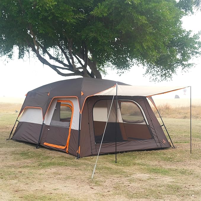 KTT Extra Large Tent 12 PersonFamily Cabin Tents2 Rooms3 Doors and 3 Windows with MeshStraight WallWaterproofDouble LayerBig Tents for OutdoorPicnicCampingFamily Gathering.