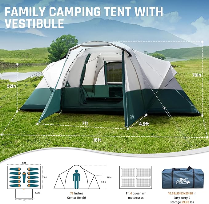 8/10/11 Person Camping Tent with Porch Large Family Tents for Camping PU1000MM Waterproof Tent with 5 Mesh Windows Removable Rainfly Reflective Windproof Rope Big Dome Tent Fits 3 Queen Airbeds