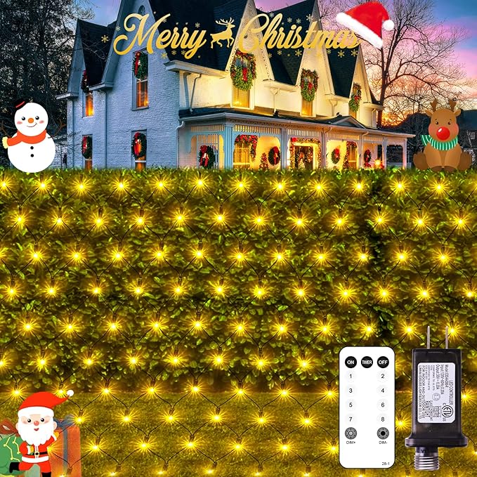 JMEXSUSS 360 LED Christmas Net Lights Outdoor Waterproof Connectable 12ft x 5ft Net Lights Outdoor Mesh Lights with Remote Plug in Warm White Net Lights for Bushes Shrubs Christmas Decorations
