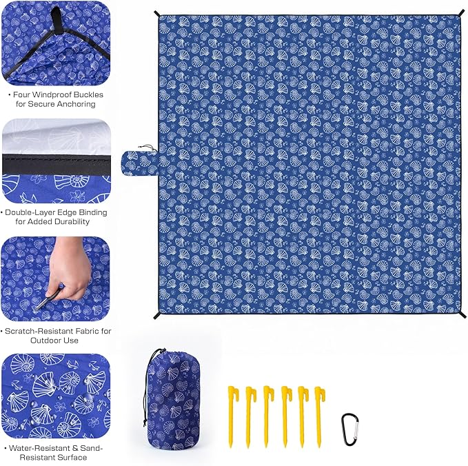 OIGAE Family Beach Blanket 7×8 ft Sand-Free Picnic Mat for 1–4 People Quick-Dry Lightweight Outdoor Blanket with Stakes &amp Corner Pockets Shell Blue