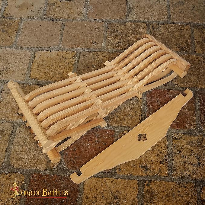 Lord of Battles Medieval Wooden Savonarola Chair with Backrest - Ash Wood Folding Camp Seat Bent Armrests &amp Detachable Back Support