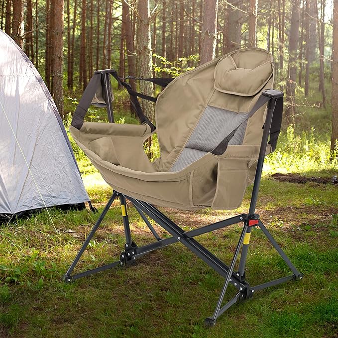 Ainfox Hammock Camping Chair Foldable Portable Rocking Chairs for Adults Outside Swinging Camp with Cup Holder Pillow for Outdoor Patio Poolside (Brown)