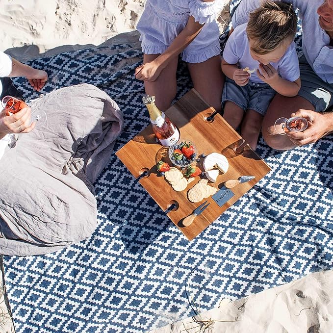 Komorebi Extra Large Picnic Blanket - 78” x 59” - Waterproof Outdoor Blanket Foldable &amp Portable Sandproof Beach Blanket - Blue Travel Mat with Soft Cotton &amp Carry Handle