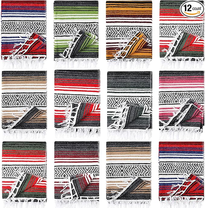 Macarrie 12 Pcs Mexican Beach Blankets Bulk Large Thick Serape Blanket Colorful Striped Yoga Throw for Outdoor Beach Park Picnic Car Couch Home