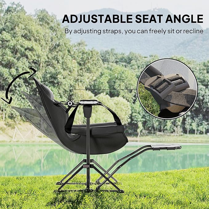 Outsunny Double Hammock Camping Chair Adjustable Back Folding Rocking Chair Swinging Hammock Chair with Cup Holder Headrest Removable Footrest Padded Seat for Travel Sports Concerts Dark Gray