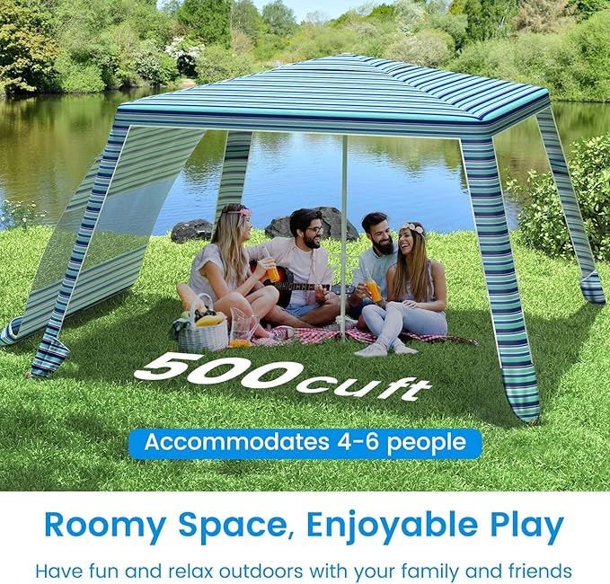 MoKo Beach Cabana 8'×8' Large Beach Canopy with Side Wall UPF 50+ Protection Easy Setup Beach Tent Sun Shelter Adjustable Height Wind Resistant Cabana Beach Tent for Whole Family Blue-Green Stripe