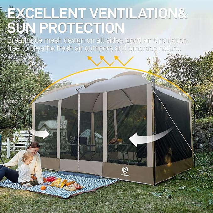 EVER ADVANCED Magnetic Screen House Room 11x9ft Hands-Free EntryScreenhouse with Sun Protection for Camping&ampPicnic 11x9ftCamping Tent Canopy Shelter with Mesh Brown