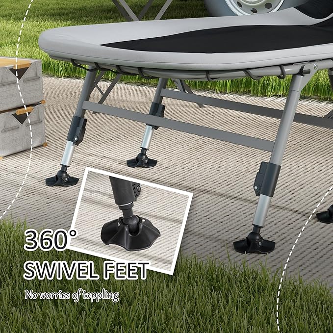 Camping Cot for Adults Folding Bed with Soft Padded Cushions Headrest 180° Adjustable Reclining Lounger Heavy Duty and Portable with a 400 lbs. Capacity Gray