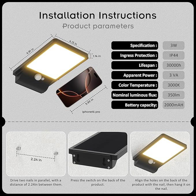 (2 Pack) Solar Outdoor Wall Light Waterproof 2025 Model 2000mAh Battery 350 Lumens 3 Modes 3000K Warm White Motion Sensor Solar Lights for Fences Camping Steps Deck Doors Posts Patios