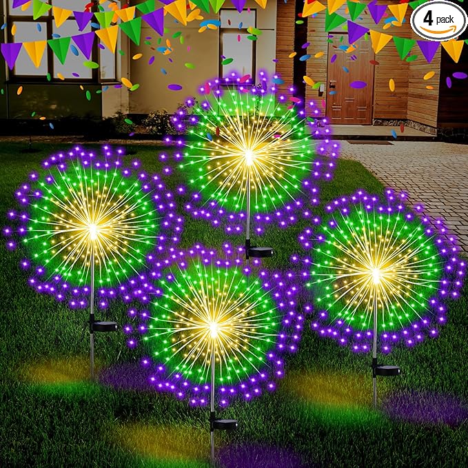 4th of July Decorations Outdoor 4 Pack Colored Solar Firework Lights with 180 LED Patriotic Solar Lights 8 Lighting Modes for Yard Pathway Garden Patio Party Decorations(Green Yellow Purple)