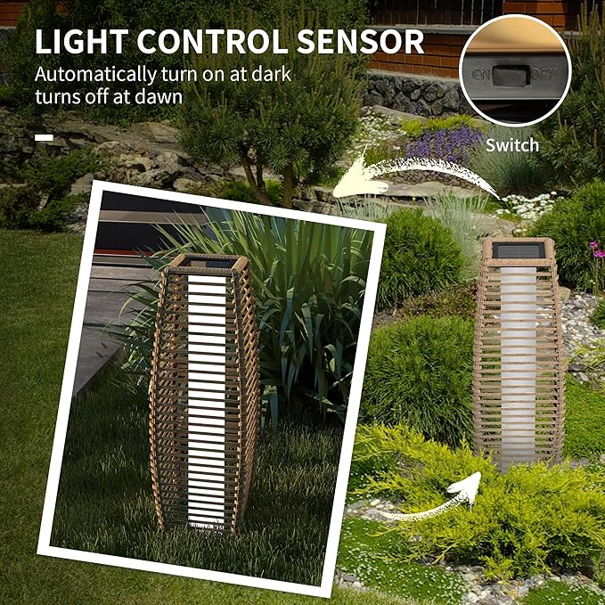 Outsunny Solar Floor Lamp Outdoor Rattan Garden Lantern Pathway Light &amp Decorative Driveway Lighting with Auto On/Off LED Lights for Porch Yard Lawn Courtyard Deck Sand