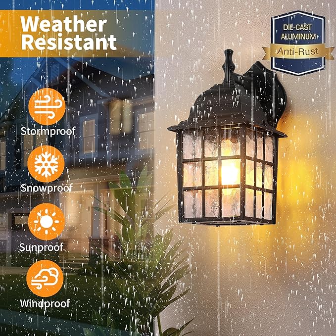 Dawn to Dusk Sensor Outdoor Wall Light Fixtures Waterproof Anti-Rust Exterior Lighting Fixtures Black Outdoor Wall Lantern for Porch Patio Front Door Garage House -2 Pack