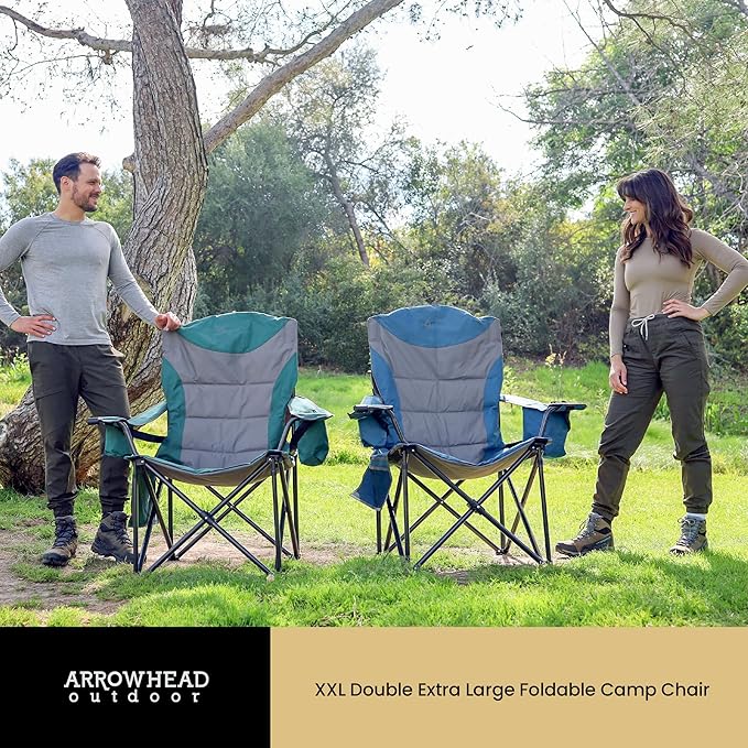 ARROWHEAD OUTDOOR Oversized XXL Portable Folding Camp Chair w/Glass &amp Cup Holders Armrest Cooler Heavy Duty Carry Bag 600 lbs Weight Capacity