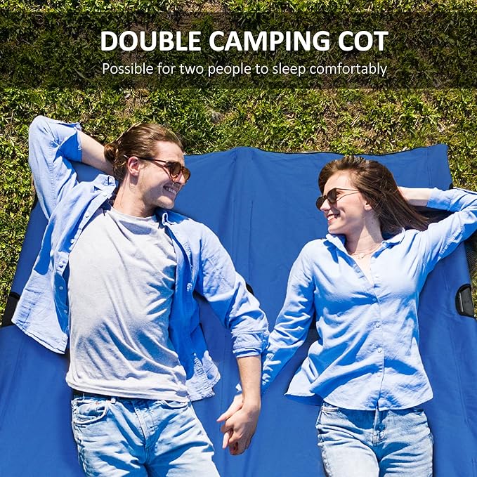 Outsunny 2 Person Folding Camping Cot for Adults 50 Extra Wide Outdoor Portable Sleeping Cot with Carry Bag Elevated Camping Bed Beach Hiking Blue