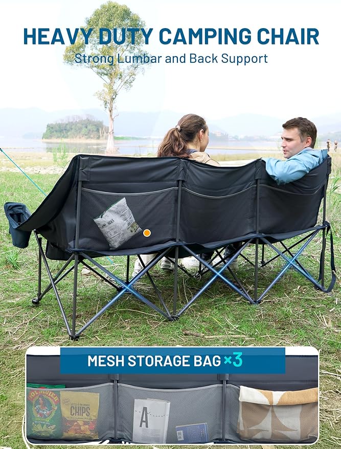 Timber Ridge 3 Person Camping Chair with Cup Holders and Pockets Outdoor Folding Loveseat Camping Chairs 1050lbs Capacity Heavy Duty Camp Couch for Outside Picnic Beach Lawn Sports Blue