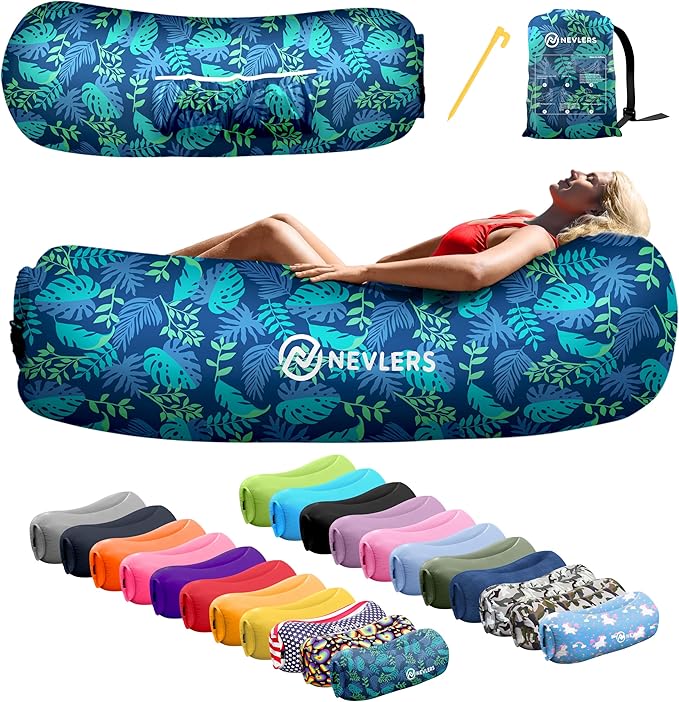 Nevlers Inflatable Lounger – Palm Leaf | 210T Polyester Blow Up Couch w/ 3 Pockets Carry Bag &amp Stake | No Pump Inflatable Couch for Camping Furniture Outdoor Beach Bed Festival Air Chair &amp