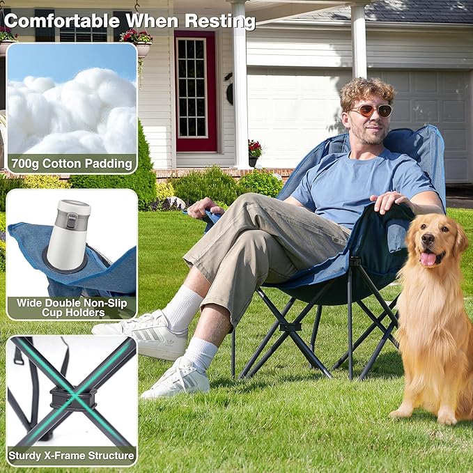 Oversized Camping Chair Portable Folding Padded Camp Chairs with Side Pocket Cup Holder Heavy Duty Support 500LBS Outdoor Lounge Chair for Adults Fishing Sports Trip Navy Blue