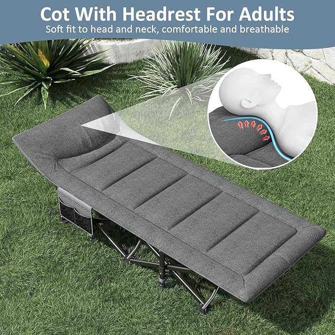 Camping Cot Folding Cot Bed for Adults with Built-in Mattress and Pillow Portable Outdoor Sleeping Cot for Camping and Travel with Carry Bag Grey Max Load 450 LBS