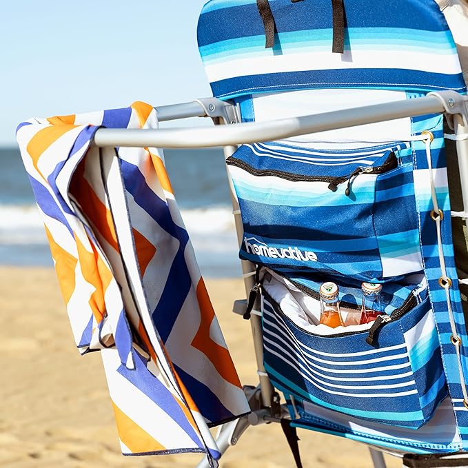 Homevative Backpack Fold-Up Beach Chair 5 Positions Towel bar Cooler Storage Pouch Cup Holder and Phone Pocket