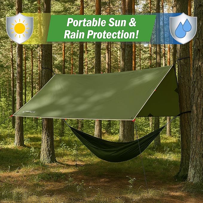 Camping Tarp for Tent or Hammock Rain Fly - 10 x 12 Tarp for Camping Hiking Backpacking or Portable Lightweight Survival Shelter UV Protection and 3000mm Water Resistant by Wakeman Outdoors (Green)