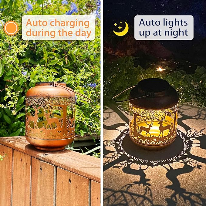 2 Pack Deer Solar Lanterns Outdoor Waterproof Hanging Solar Lights Deer Gifts for Women Men Metal Decorative LED Lanterns for Yard Patio Lawn Tabletop Pathway Landscape Garden Decor