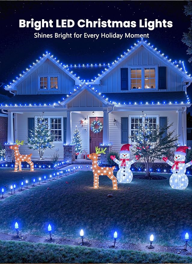 C9 LED Christmas Lights Outdoor 68Ft 100 LED String Lights with Quick Clips Commercial Grade Extendable Waterproof Outdoor Christmas Lights for House Outside Roofline Xmas Decor Blue &amp Pure Whi
