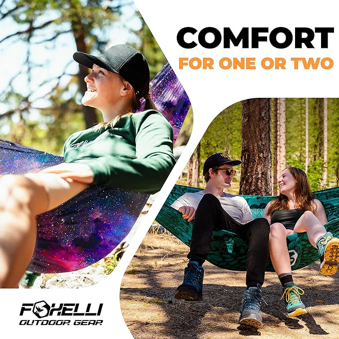 Foxelli Camping Hammock – Ultralight Hammock for Backpacking Hiking Festivals Travel - Easy Setup with Tree-Friendly Ropes &amp Steel Carabiners Heavy Duty Parachute Nylon