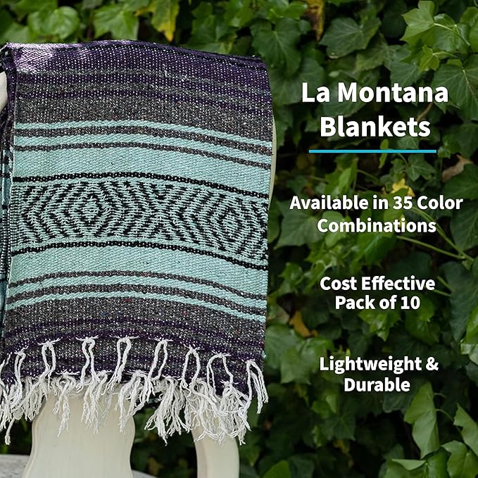La Montana Authentic Mexican Blanket (10-Pack) - 74in x 50in Woven in Mexico - Falsa Throw for Yoga Studio Picnic/Camping/Beach Saddle Blanket Bed/Home Decor (Assorted Random)