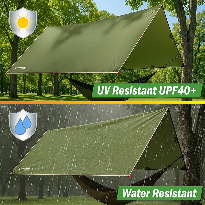 Camping Tarp for Tent or Hammock Rain Fly - 10 x 12 Tarp for Camping Hiking Backpacking or Portable Lightweight Survival Shelter UV Protection and 3000mm Water Resistant by Wakeman Outdoors (Green)
