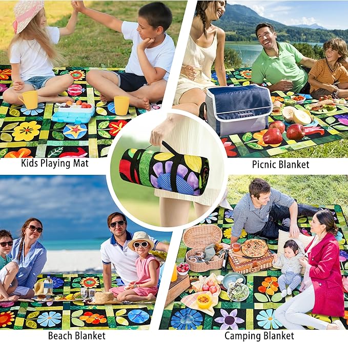 Picnic Blankets Beach Blanket 80 X 80 Extra Large Waterproof Camping Blankets Portable Outdoor Mat 3-Layer Blanket for Beach Hiking Park Music Festival Grass LawnTravel