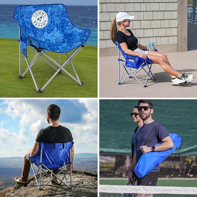 Tommy Bahama Go Everywhere 2-Pack Outdoor Folding Moon Chairs with Storage Pouch and Carry Bag Lightweight Portable Camping Chairs Supports up to 200 lbs. Blue