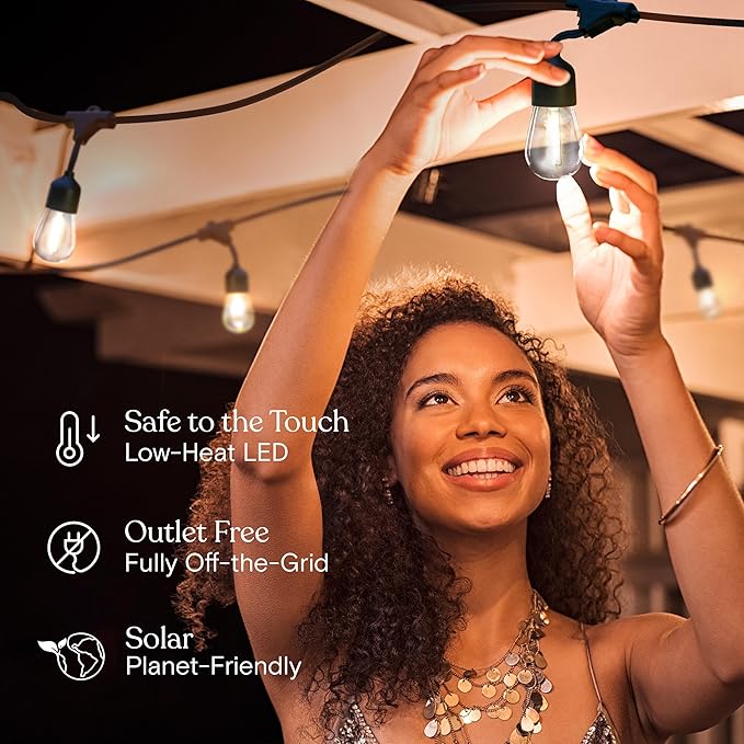 Brightech Ambience Pro 27 Ft Solar Powered String Lights - Commercial Grade Waterproof Patio Lights with Edison Bulbs - Shatterproof LED Solar Outdoor String Lights - 1W LED Soft White 12 Bulbs