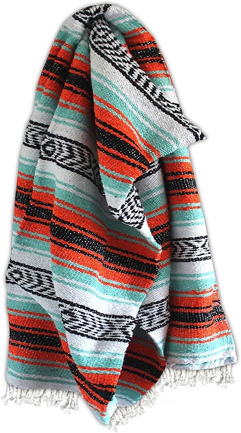 Del Mex Classic Mexican Blanket Large Authentic Woven Falsa Throw (70x50) Artisan Southwest Décor for Beach Yoga Outdoors (Mint/Orange)