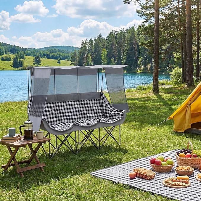 3 Person Camping Chair with Canopy Shade 700lbs Heavy Duty Oversized Beach Camping Chair with Thick Cushion Cup Holder and Carry Bag Foldable Portable Sofa for Lawn Beach Outdoor(Gray)