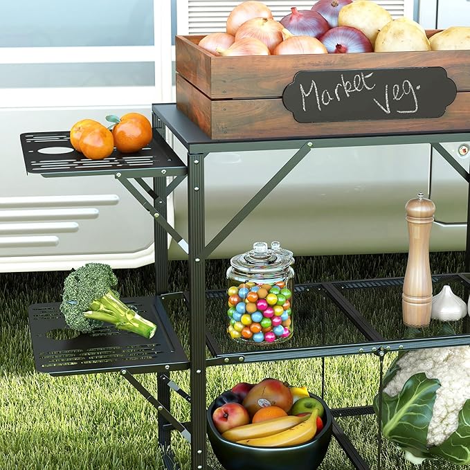 Outsunny Folding Camp Kitchen Table Portable Camping Cooking Station with Adjustable Lantern Holder Hanging Hooks and Carrying Bag for Outdoor Picnic Beach BBQ Traveling