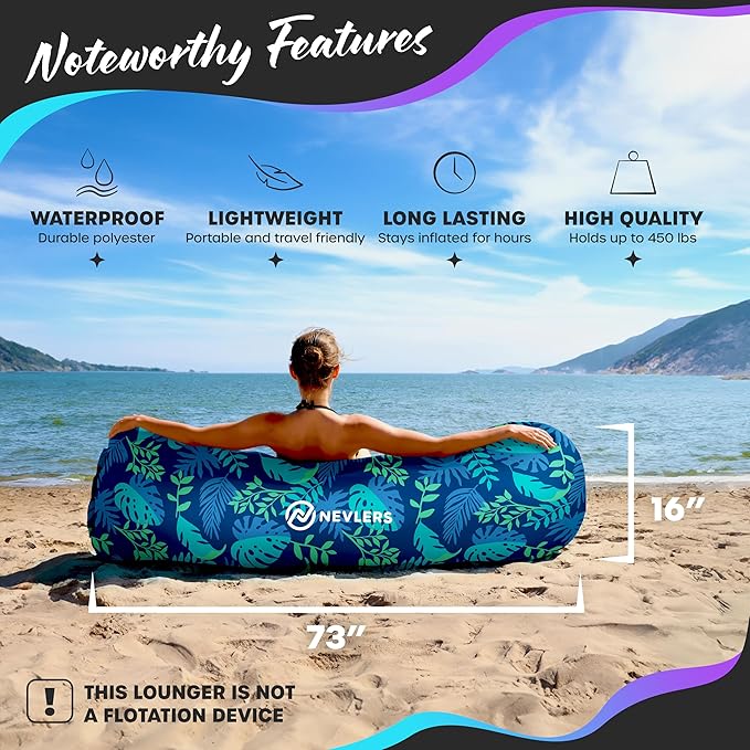 Nevlers Inflatable Lounger – Palm Leaf | 210T Polyester Blow Up Couch w/ 3 Pockets Carry Bag &amp Stake | No Pump Inflatable Couch for Camping Furniture Outdoor Beach Bed Festival Air Chair &amp