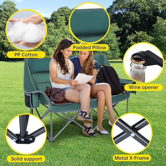 Double Camp Chair Double Folding Chair Camping Chairs for Two People Camping Couch for Adults Folding Loveseat for Outdoor Sports and Lawn (Regular 1-Pack)