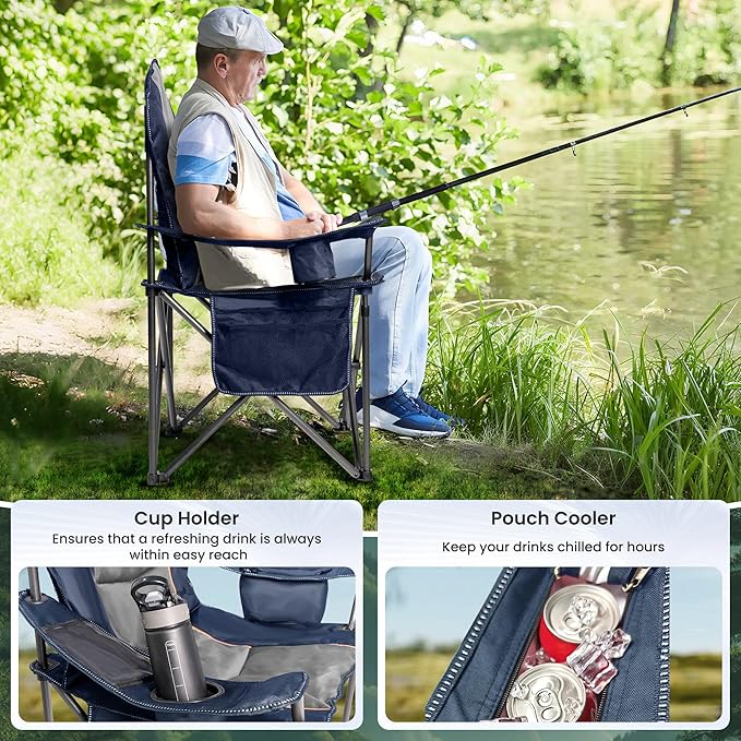 Folding Camping Chairs for Adults - High Back Padded Outdoor Lawn Chairs with Lumbar Support &amp Cup Holder (Blue &amp Gray 1 Pack)