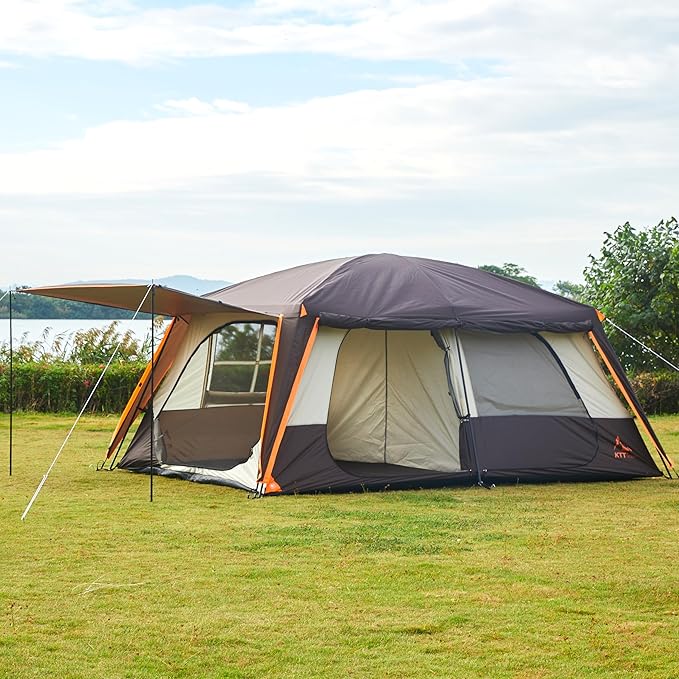KTT Extra Large Tent 12 PersonFamily Cabin TentsAwning2 Rooms4 Doors and 4 Windows with MeshStraight WallWaterproofDouble LayerBig Tent for OutdoorPicnicCampingFamily Gathering