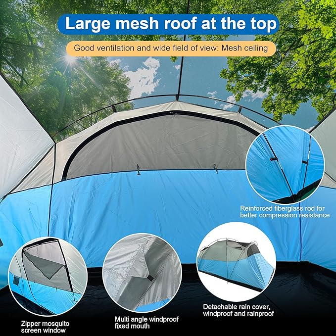 Large Camping Tent Family Tent 8-10 People 216.5x118.1x77.95 inches Waterproof Mesh Roof 2 Bedrooms and 1 Living Room Blue (Blue)