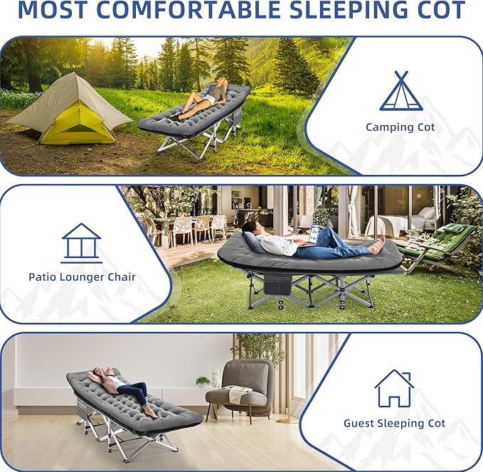 Camping Cot Sleeping Cots for Adults Portable Camping cots with Mattress Pillow and Carry Bag 1200D Double Layer Oxford 600 LBS Weight Capacity Cots for Sleeping(Grey+Black)