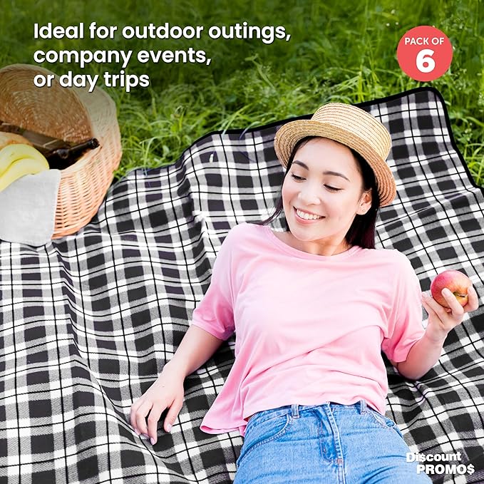 DISCOUNT PROMOS 6 Brookhaven Roll Up Picnic Blankets Set - Customizable Text Logo - Fleece Woven Handle - Grey