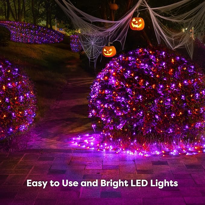 BlcTec Halloween Lights Outdoor 360 LED 9.8ft x 6.6 Orange Purple Halloween Mesh Lights with 8 Modes Timer Connectable Waterproof and Green Wire Design for Lawn Bushes Outdoor Holiday Decorations