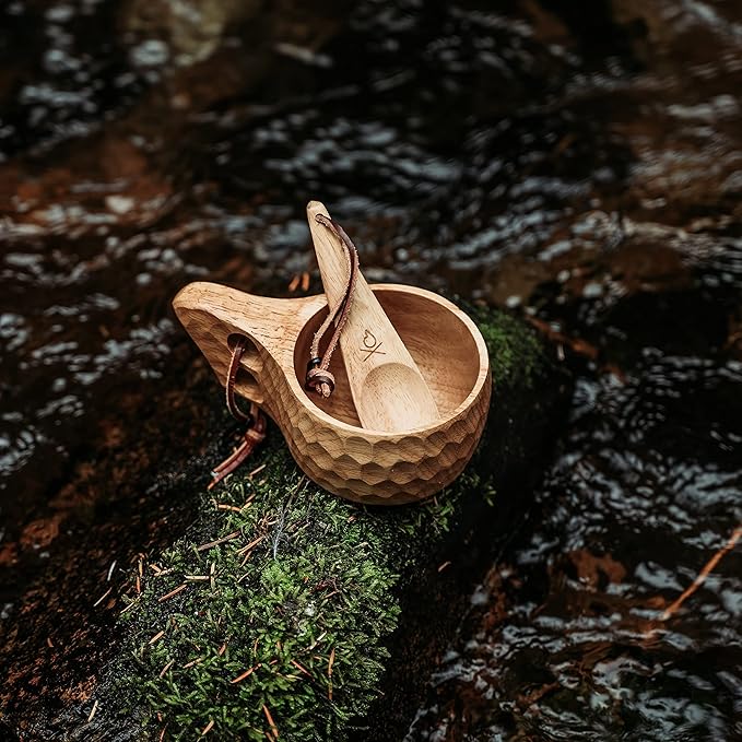 überleben | Kuksa Wooden Cup – Handcarved 8oz Coffee Mug Bowl with Lanyard &amp Carabiner – Lightweight Camping Essentials &amp Traditional Nordic Bushcraft Gear