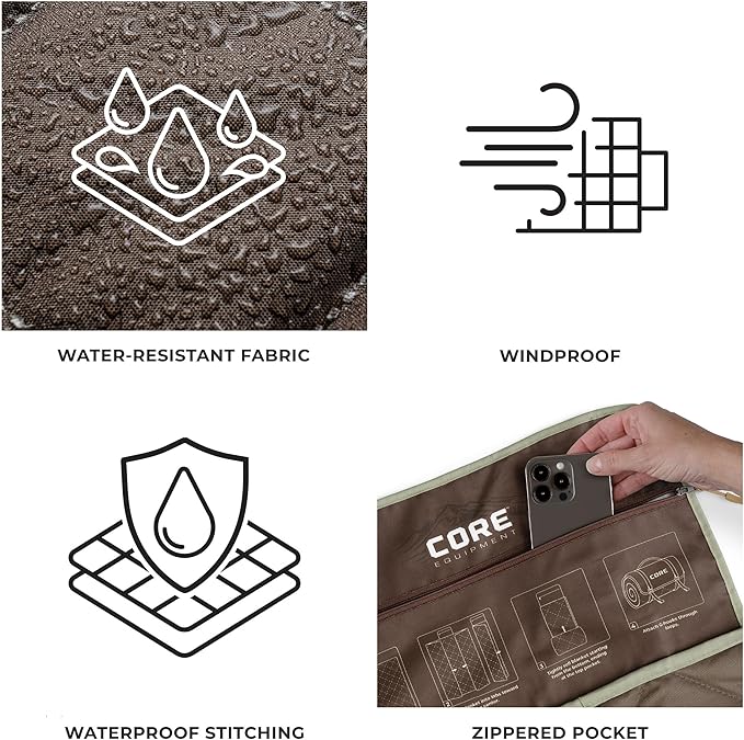 CORE Outdoor Weighted Blanket | Packable Waterproof Picnic Blanket Beach Mat Tent Camping Rug &amp Stadium Blanket | Large Portable 94 x 78 Quilt Design with Built-in Straps and Carry Handle
