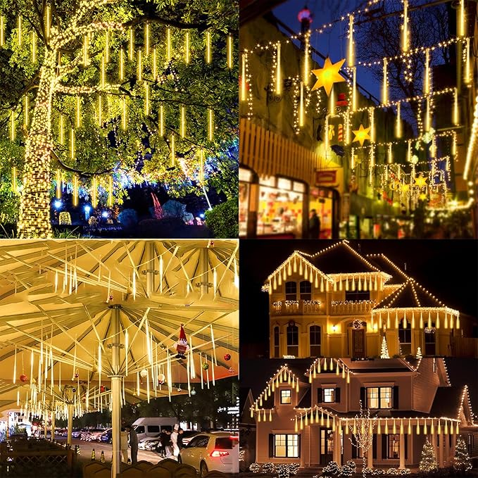2 Pack Extendable Christmas Lights Decorations Outdoor 16 Tubes 384 LEDs Meteor Shower Lights with Timer Cascading Falling Rain String Lights Plug in for Holiday Graden Tree Xmas Decor (Warm White)
