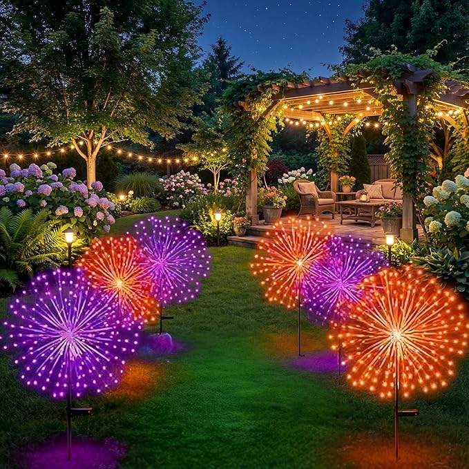 6 Pcs Easter Solar Firework Stake Lights 180 LED 8 Modes Solar Waterproof LED Sparkler Lights Outdoor Decoration for Christmas Holiday Garden Patio Yard Pathway Walkway Orange Purple