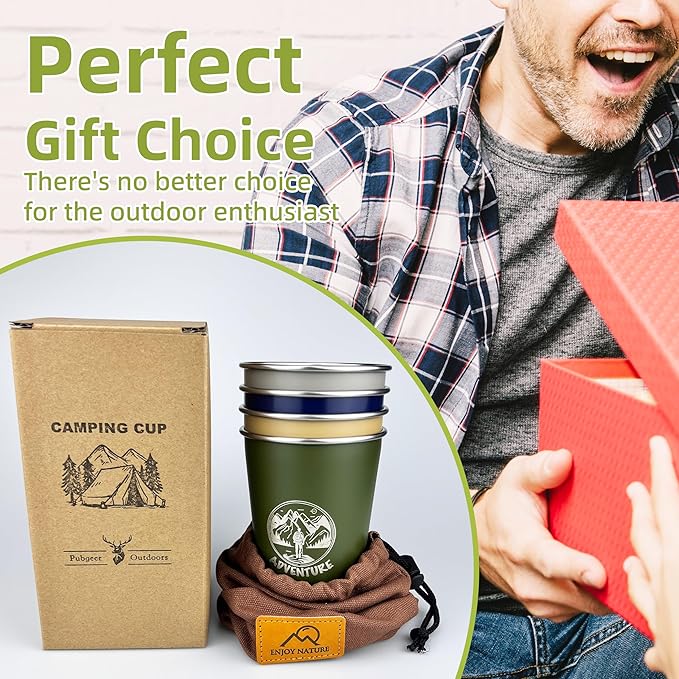 Camping Cup 16oz (4 Pack) 18/8 Stainless Steel Cup for Outdoor Picnic Hiking Fishing Surfing Party Pint cup Metal Mug Tumbler Camping Gift for Him (4 colors)